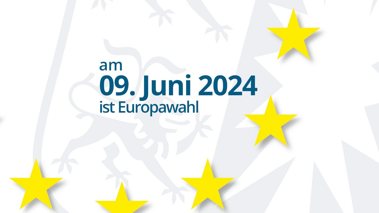 Text: am 09. Juni 2024 ist Europawahl. Auf dem Weißen HIntergrund ist, halb transparent und leicht schräg gestellt, das Wappen Schleswig-Holsteins zu sehen und ragt noch leicht über das Bild hinaus. Der 