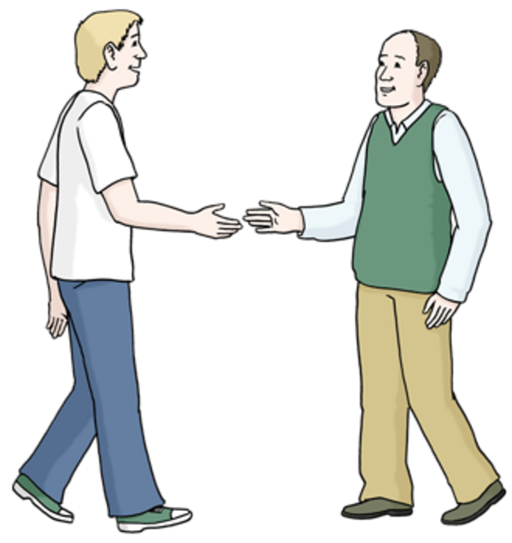 Bild zeigt zwei Menschen, die aufeinander zugehen und sich die Hände schütteln wollen